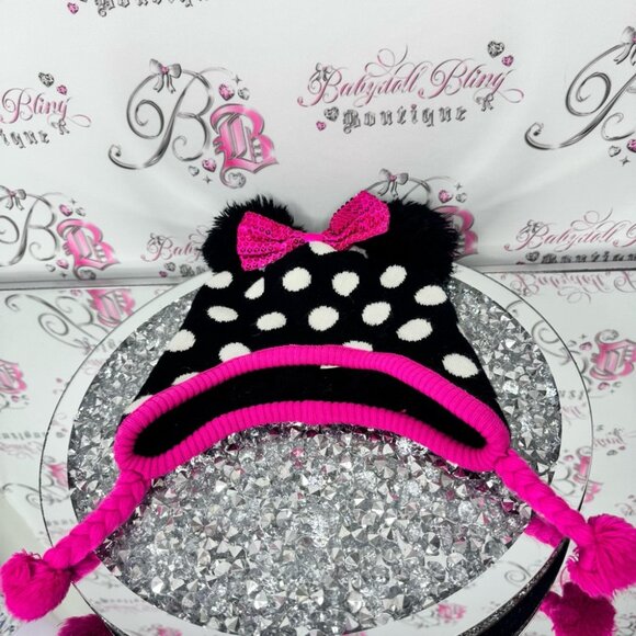 Disney hat touque bow ribbon 🎀 ears Minnie Mouse Polka Dot Hat Pink Accents - Picture 5 of 10